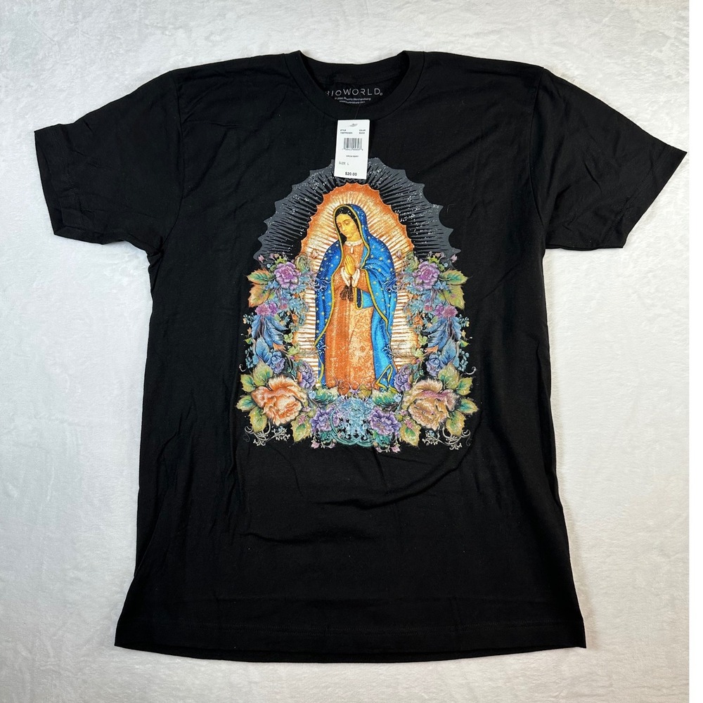 Bioworld Virgin Mary Our Lady of Guadalupe Black Graphic T-Shirt‎ Mens Large NWT
